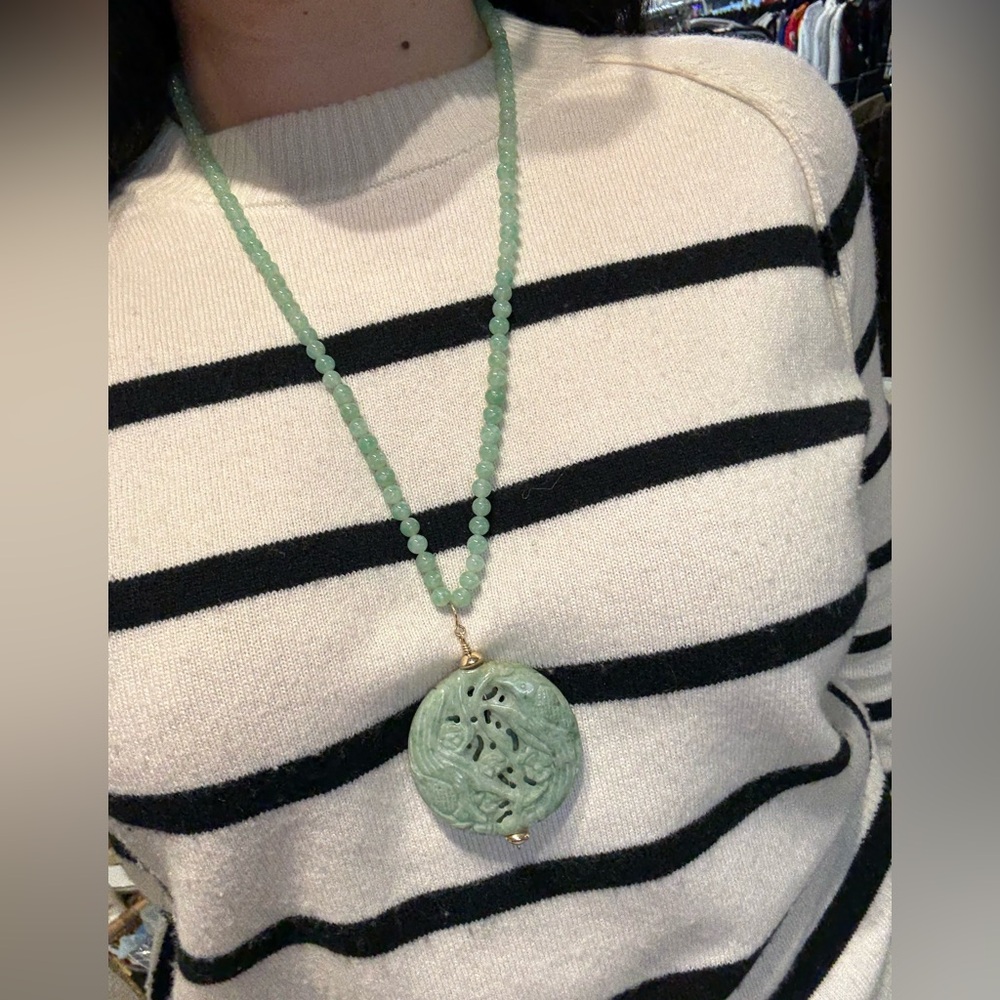 Vintage Elegant Real Jade Green Pendant Beaded Necklace